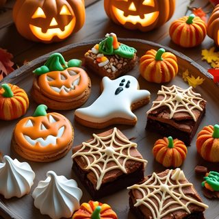 a plate full of decorated halloween cookies on a table with pumpkins and jack - o'- lanterns Halloween Treats Halloween Food Images, Spooky Autumn Treats, Halloween Food Pictures, saddle brown