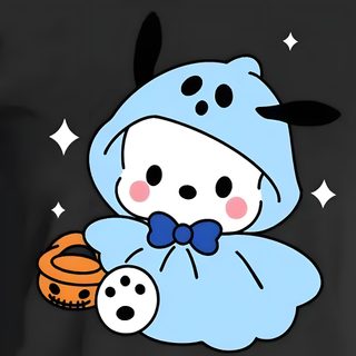 a black shirt with an image of a cartoon character wearing a blue outfit and holding a cookie Pochacco Halloween Scrapbook Journal, Pochacco Fall, Halloween Pumpkins Painted, dark slate gray