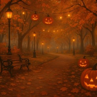 two pumpkins sitting on the ground next to a park bench with lights hanging from it Ipad Halloween Landscape Halloween Landscape, Halloween Background Horizontal, Halloween Desktop, saddle brown