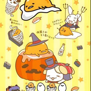 an image of some food on a yellow background Gudetama Halloween Kawaii Gudetama, Hello Kitty And Friends Gudetama, Gudetama Autumn, khaki