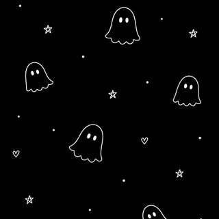 black and white ghost wallpaper with hearts and stars in the night sky for halloween Black Cute Halloween Ghost Number, Black And, Simple Halloween, Ghost Aesthetic,