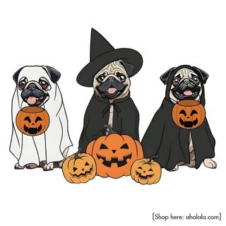 three pug dogs dressed up as witches and pumpkins with faces carved into them Halloween Pug Halloween Stickers, Halloween Pug Images, Dogs, Halloween, Tattoo Designs, Pug, white