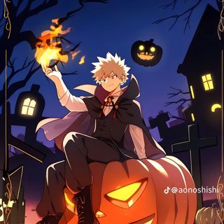 an anime character sitting on top of a pumpkin in front of a house at night Bakugou Halloween Cute Mha Halloween, My Hero Academia Pumpkin, Bakugou Pumpkin, dark slate gray