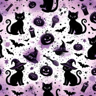 a purple and black halloween themed background with cats, bats, pumpkins and witches Halloween Purple Cats Custom Pink And Purple Bat Background, Halloween Cat Background, Pink Witch Themed, plum