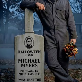 a man in a halloween costume standing next to a grave Halloween From Hollywood Movies Michael Mayers, Halloween Michael Myers, Michael Meyer, dark slate gray