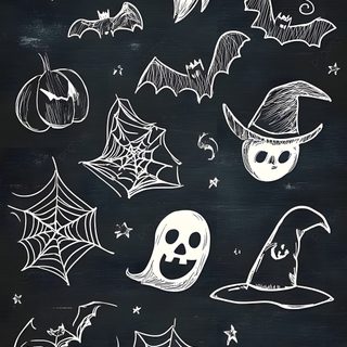 halloween chalkboard drawings with pumpkins, bats and ghost heads on black paper background Halloween Chalkboard Halloween Chalkboard, Christmas Window Painting, Chalkboard Lettering, dark slate gray