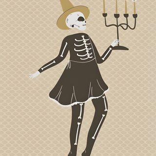 a skeleton in a dress holding a candelabra Cute Aesthetic Halloween Skeleton silver