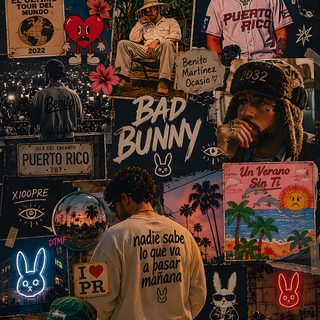a man standing in front of a wall covered with posters and signs that read bad bunny Bad Bunny Halloween Bad Bunnt, Bad Bunny Iphone, Bad Bunny Lockscreen, Bad Bunny Aesthetic, black