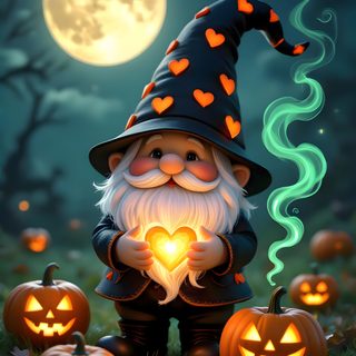 a gnome holding a heart in front of some pumpkins and a full moon behind him Halloween Gnomes Telephone, Happy Halloween Gif, Gnome, Happy Halloween Pictures, dark slate gray