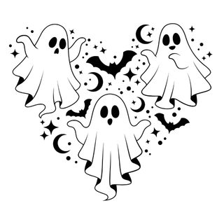 three ghost stickers in the shape of a heart with stars and bats on it White Halloween Spooky Scary, Halloween Design Ideas, Aesthetic Ghost Coloring Pages,