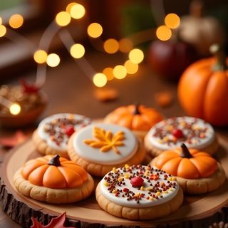 pumpkin decorated cookies on a wooden platter surrounded by fall leaves and lights in the background Halloween Cookie Autumn-themed Cookies Collection, Cookie Autumn, Pumpkin Fall Cookies, saddle brown