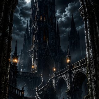 a gothic castle at night with stairs leading up to the tower and full moon in the sky Dark Gothic Halloween black