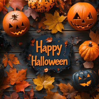 halloween pumpkins and leaves on a wooden surface with the words happy halloween written in it Happy Halloween 4k Halloween Greetings, Halloween Festival, Halloween Looks, Autumn Leaves, dark olive green