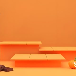an orange halloween scene with pumpkins and jack - o'- lanterns Halloween Podium Halloween Podium, Orange Wooden Podium, Orange Background Halloween Decor, peru