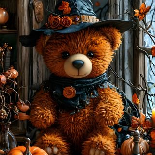a teddy bear wearing a witches hat and scarf sitting on a table with pumpkins Teddy Bear Halloween Halloween Bear, Teddy Bear Halloween Background, Autumn Teddy Bear With Pumpkin, black