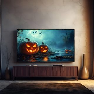 two jack o lantern pumpkins sitting in front of a flat screen tv on a wall Samsung Tv Halloween Pumpkin Tv Background Hd, Samsung Tv Halloween, Halloween Samsung Tv Background, dark slate gray