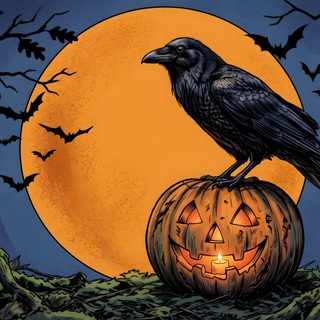 a crow sitting on top of a pumpkin in front of a full moon with bats Halloween Raven dark slate gray