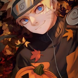 a young boy holding a jack - o'- lantern in front of fall leaves Halloween Naruto Naruto Pumpkin, Bakugou Halloween, Naruto Christmas, Naruto Thanksgiving, saddle brown
