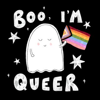 a white ghost holding a rainbow flag with the words boo i'm queen on it Gay Halloween Gay Halloween, Spooky Pride, Halloween Pride, Lgbtq Halloween, Pride Halloween, black