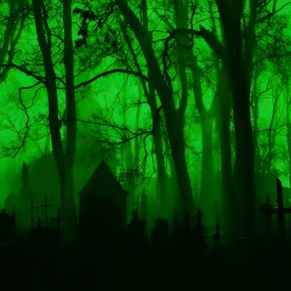 a cemetery in the woods is lit up green Green Halloween Desktop Phantom Green, Scary Green Background, Green Scene, Green Scary Background,