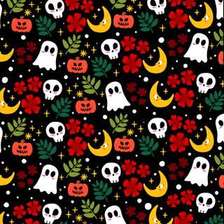 a black background with skulls, flowers and pumpkins in the shape of moon faces Aesthetic Halloween Elements Create Drawing, Halloween Drawings, Seamless Paper, Halloween, black