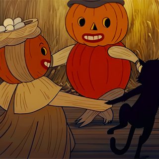two pumpkins and a black cat on a street Halloween Laptop Gif Fall Gifs, Over The Garden Wall Halloween, Over The Garden Wall Autumn, dark olive green