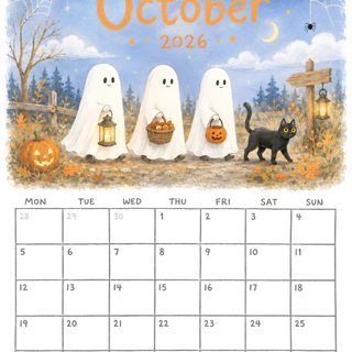 a calendar with three ghost on it and a black cat standing in front of them Halloween Calendar white smoke