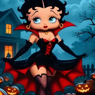 a cartoon girl dressed as a vampire with pumpkins in the background Betty Boop Halloween Boop Gif, Betty Boop Halloween, Hood, Alternative Disney, dark slate gray