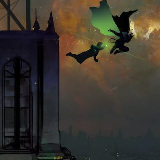 two people are flying in the air over a city at night with green lights on them Batman The Long Halloween 2 Gotham Comic, Batman Scarecrow, Scarecrow Batman Background, dark slate gray