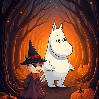 "Moomintroll and Snufkin in Spooky Halloween Woods" 🎃 Digital FanArt Wallpaper Design Movie and TV Alternative Inspired Artwork Digital Art Design #movie #tv #artwork #alternative #digitalartwork #aiart #inspired #anime #surreal #claymation  #wallpaper #dune #matrix #starwars #beetlejuice #lostboys #backtothefuture #johnwick #fashion #judgedredd #jamesbond #007 #art #sciencefiction #horror #planetofttheapes #edward #moomins Moomin And Little My, Studio Ghibli Halloween Wallpaper, Spooky Moose Background, Ghibli Halloween Wallpaper, Halloween Cartoons Wallpaper, Moomin Halloween, Moomin Halloween Wallpaper, Moomin Background Wallpaper, Moomin Autumn Moomin Halloween Moomin And Little My, Studio Ghibli Halloween, Spooky Moose Background, black
