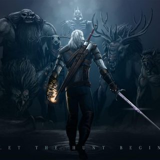 an image of a man holding two swords in front of many demonic creatures on a dark background Witcher Halloween Witcher 3 8k Background, Witcher Desktop, The Witcher Laptop, The Witcher 3 1920x1080, black
