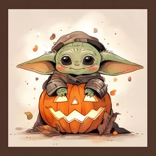a baby yoda sitting on top of a pumpkin Baby Yoda Halloween Yoda Pumpkin, Star Wars Halloween Drawing, Star Wars Thanksgiving, burlywood