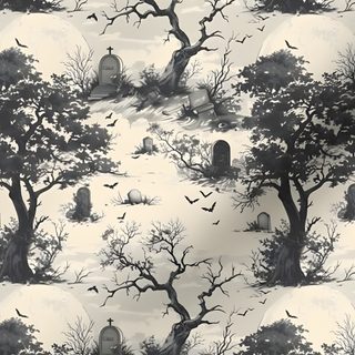 a black and white wallpaper with trees, tombstones and bats in the background Halloween Toile Halloween Toile, Vintage Witch, Toile De Jouy, Custom Fabric, Vintage Shops, Witch, dark gray