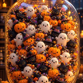 a glass jar filled with lots of halloween decorations Halloween Treats saddle brown