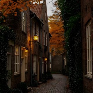 a cobblestone street lined with brick buildings and trees in fall colors on either side Autumn Halloween 4k Fall Pictures, Autumn Magic, Cozy Street In Autumn, black