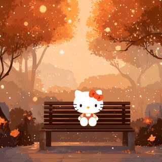 a hello kitty sitting on top of a wooden bench in the middle of a park Hello Kitty 4k Halloween Halloween Google, Cute Fall Laptop, Cute Autumn Computer, sienna