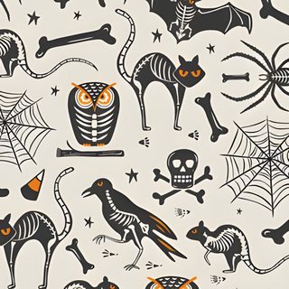 halloween seamless pattern with skeletons and cats Halloween X-ray - Tan & Black Creepy Halloween Fabric Design, Halloween X-ray - Tan & Black, Halloween Themed Textile Print, gainsboro