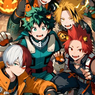 anime characters with pumpkins in the background My Hero Academia Halloween Mha Fall, Mha Boys Fanart, Mha Thanksgiving, dark olive green