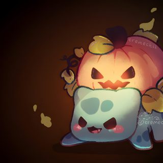 a cartoon pumpkin sitting on top of a pillow Halloween Bulbasaur Halloween Bulbasaur, Pokemon Pfp Halloween, Pumpkin Pokemon, Cute Ghost Pokemon, black