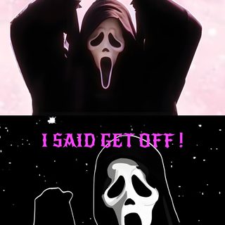 two people in black and white costumes with the caption get off my phone please Halloween Scream Cute Ghostface black