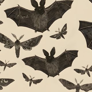 bats and moths are drawn in pencil on paper, which is laid out to look like they're flying Halloween Bat Silhouettes Retro Halloween Bat Print, Bat Print Fabric Design, Gothic Bat Fabric, wheat