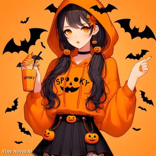 a girl in an orange hoodie is holding a drink and wearing pumpkins on her head Halloween Girl Anime Halloween Profile Pictures, Kawaii Halloween Pfp, Cute Halloween Anime Pfp, coral