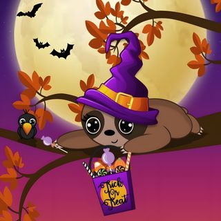 a cartoon bat with a trick in its hand Halloween Sloth Halloween Sloth, Spooky Halloween Pictures, Sloth Background, Sloth Ideas, brown