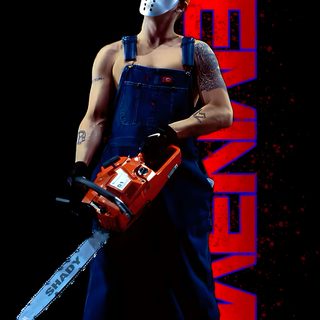 a man in overalls holding a chainsaw and wearing a mask on his face Eminem Halloween Eminem Horror, Doberman Colors, Eminem Jason Outfit, Eminem Jason Mask Concert, black
