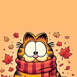a cartoon cat wearing a scarf sitting in leaves Garfield Halloween Garfield Iphone, Garfield, Garfield Fall, Sinchan, Cute Background Garfield, sandy brown