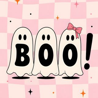 Three little ghosts spelling out BOO, one wearing a pink bow, on a soft pink checkerboard background. Preppy Halloween wallpaper for spooky season. Looking for something made just for you? My DMs are open on Instagram. #boo #halloweenwallpaper #preppyhalloween #checkerboard #pinkhalloween Cute Halloween Boo Bestie misty rose