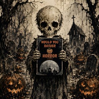 a painting of a skeleton holding a sign that says, would you not rather be happy halloween? Scary Creepy Halloween Art dark olive green