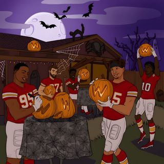 a group of football players holding pumpkins in front of a house Chiefs Halloween Chiefs Pumpkin Painting, Chiefs Pumpkin, Kansas City Chiefs Pumpkin, dark slate gray
