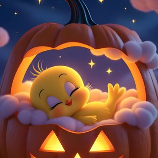 a pumpkin with a bird sleeping in it's mouth and clouds around it, all lit up at night Tweety Bird Halloween dark slate gray