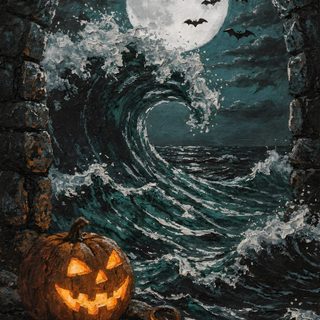 a pumpkin sitting on top of a stone wall next to an ocean with bats flying over it Beach Halloween dark slate gray